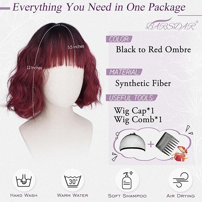 BARSDAR Red Ombre Short Wavy Wig with Bangs - Short Wavy Black to Red Ombre Wig for Women - Soft Synthetic Fluffy Curly Textured French Bob Wigs with Bangs Natural Looking Face-Framing