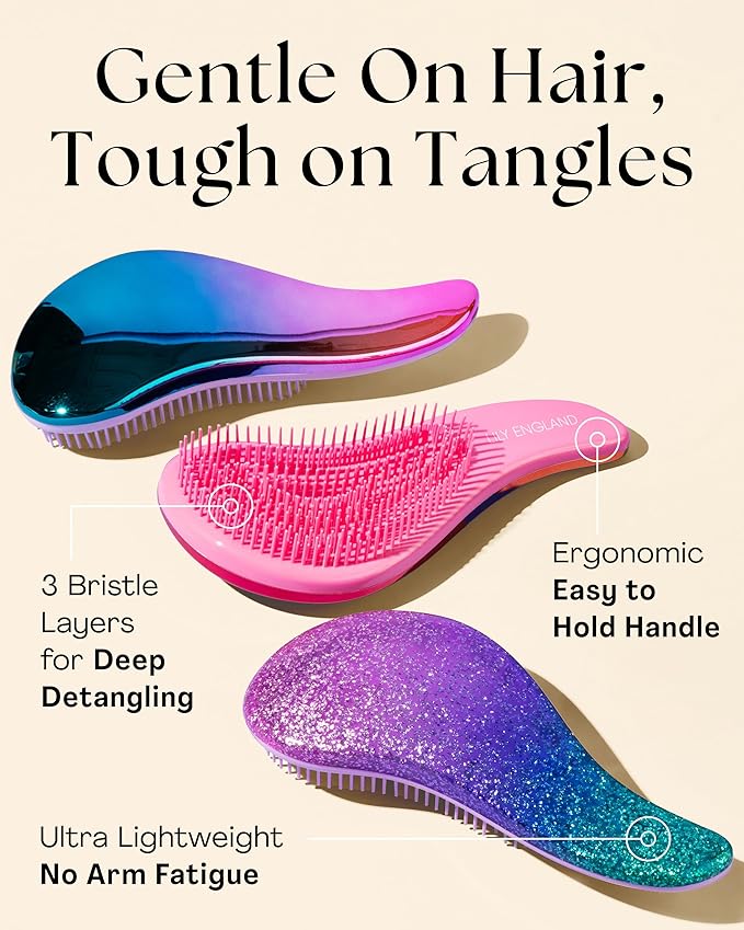 Lily England Detangler Brush & Comb Set - Lightweight Wide Tooth Detangling Tool for Women & Kids - Smooths Curly, Straight, Dry, Fine, & Thick Hair, Purple