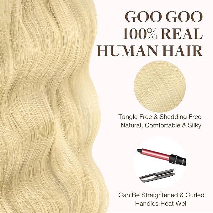 GOO GOO Tape in Hair Extensions Human Hair, 613R Bleach Blonde, 18inch 50g 20pcs, Skin Weft Seamless Invisible, Silky Straight with Thick Ends, Remy Human Hair