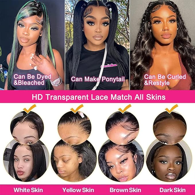 Lemoda 13x6 Full Lace Frontal Wig 180% Density Straight Lace Front Wigs Human Hair HD Transparent Lace Glueless Wig Pre Plucked 15A Brazilian Virgin Human Hair Wigs for Women 24 Inch