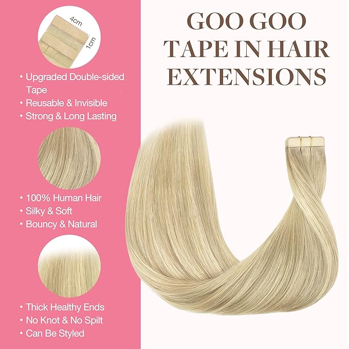 GOO GOO Tape in Hair Extensions Human Hair, 18ET90A Natural Blonde Balayage, 14inch 50g 20pcs, Skin Weft Seamless Invisible, Silky Straight with Thick Ends, Remy Human Hair