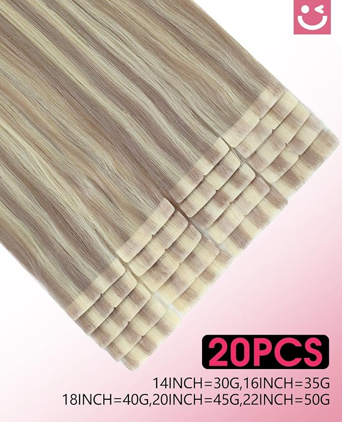 Youngsmile Injection Tape in Hair Extensions Human Hair #18P613 Ash Blonde with Bleach Blonde Real Human Hair 20pcs 50g 22 Inch Injected Tape in Hair Extensions Seamless Tape ins (#18P613,22'')
