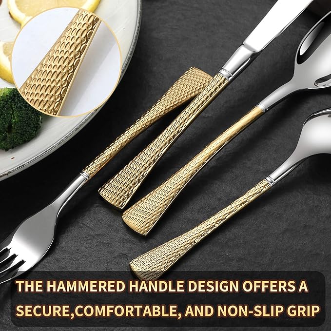 Hammered Silver Gold Silverware Set,20 Piece Modern Flatware Set Service for 4,Mirror Polished Stainless Steel Cutlery Set Utensil Set Tableware,Kitchen Knives Forks Spoons Set,Dishwasher Safe