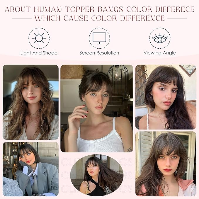 Human Hair Topper with Bangs for Women, 360° Cover Clip in Fringe Bangs Hair Toppers Hair Piece Natural Black-3.15x4.33 Hand-tied Base (Natural Black)