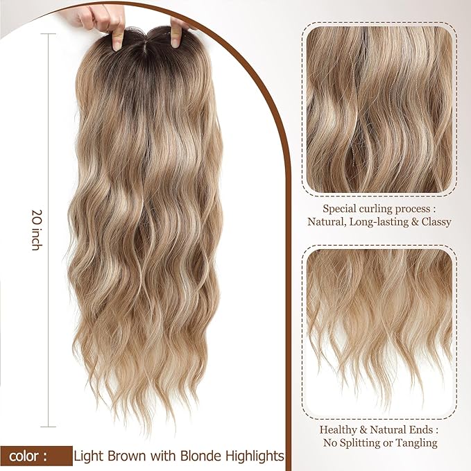 MORICHY Hair Toppers for Women with Thinning Hair 20inch Long Wavy Hair pieces for Women Synthetic Wiglets Topper with Bangs Clip in Light brown with Blonde Highlights