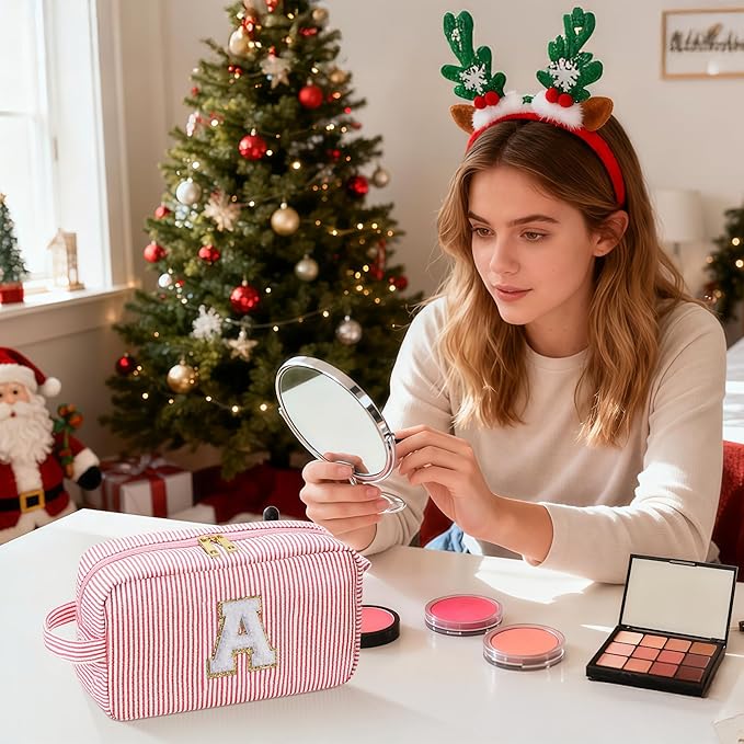 YOOLIFE Christmas Gifts for Women Teen Girls Kids Stocking Stuffers - Initial Makeup Bag Cosmetic Bag Toiletry Pouch, Personalized Birthday Gifts for Women Girls Mom Daughter Sister Friends, Pink M