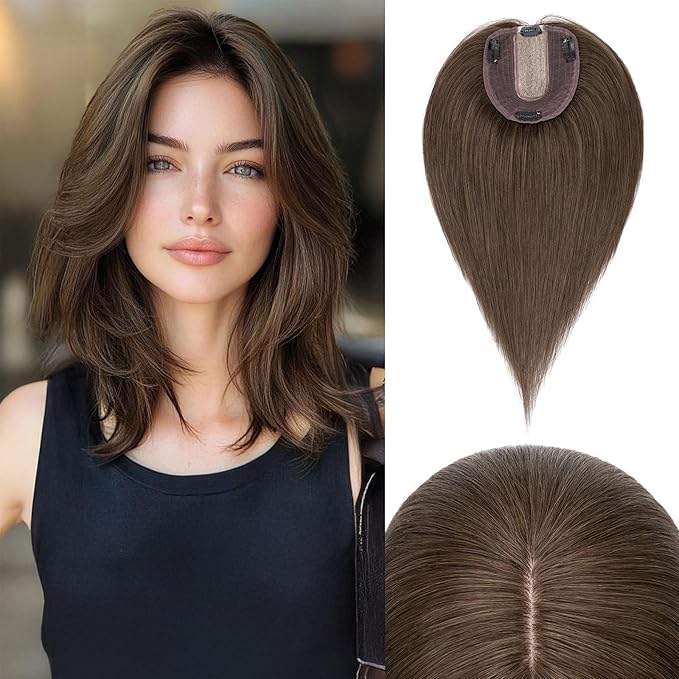 Rich Choices Hair Toppers for Women Real Human Hair 100% Human Remy Toppers NO Bangs for Women with Thinning on Top Clip in Hairpiece 4"x4.7"Lace Base 10 Inch #2R Chocolate Brown
