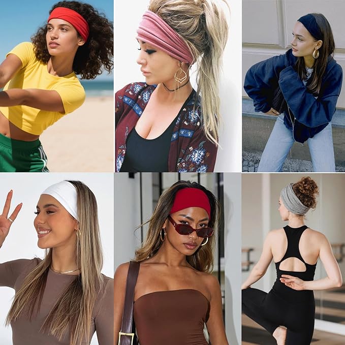 Boho Wide Headbands for Women Short Hair Floral Headbands Soft Fabric Hair Bands Non Slip Elastic Sweat Hairbands Workout Yoga Running Sport Thin Wrap for Girls