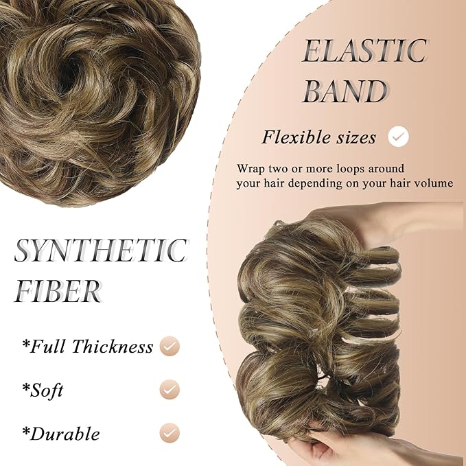Large Messy Bun Hair Piece Curly Synthetic Extensions Scrunchies Fake Chignon Updo Hairpieces for Women Chestnut Brown Highlights
