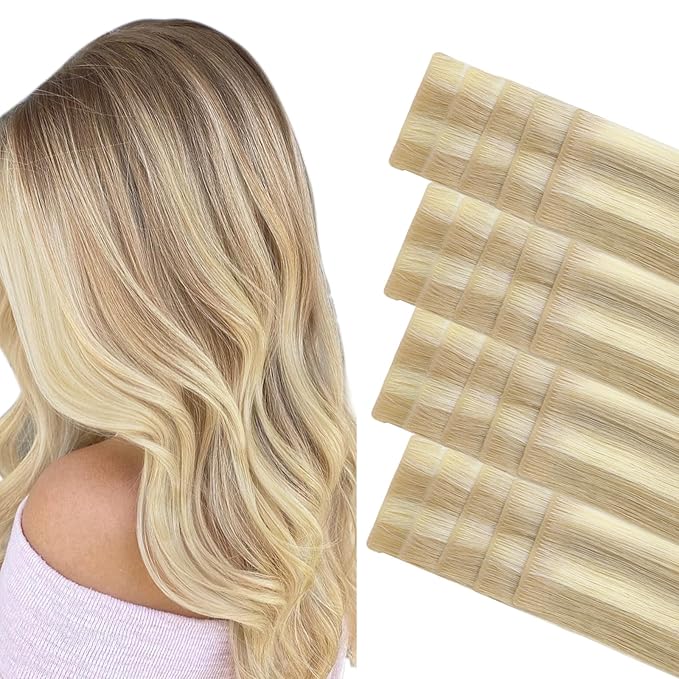 GOO GOO Invisi Edge Tape in Hair Extensions Human Hair, 18A/613A Dark Blonde Highlighted Bleach Blonde 20pcs 22inch 50g, Virgin Remy Hair, Seamless Injected Tape, Natural Look