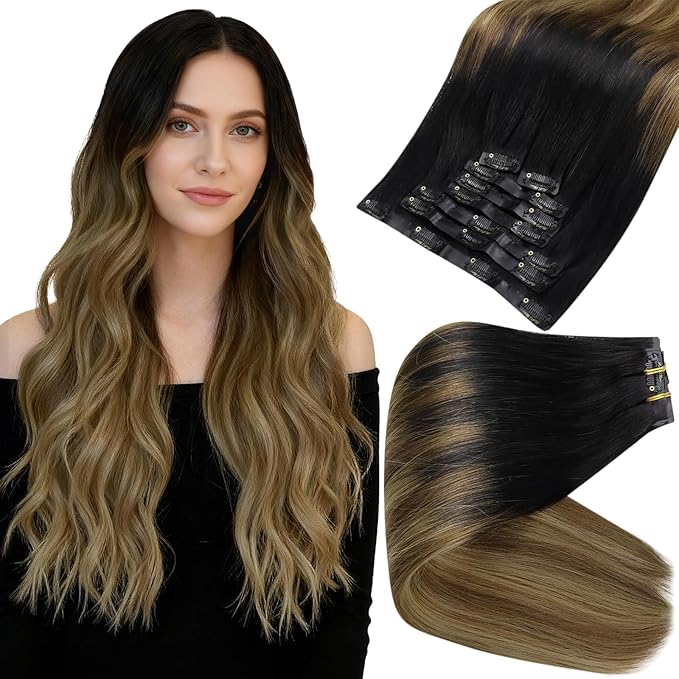 Full Shine Seamless Human Hair Clip in Extensions 14 Inch Balayage Black to Chestnut Brown with Caramel Brown PU Weft Real Hair Extensions 8 PCS 120 G