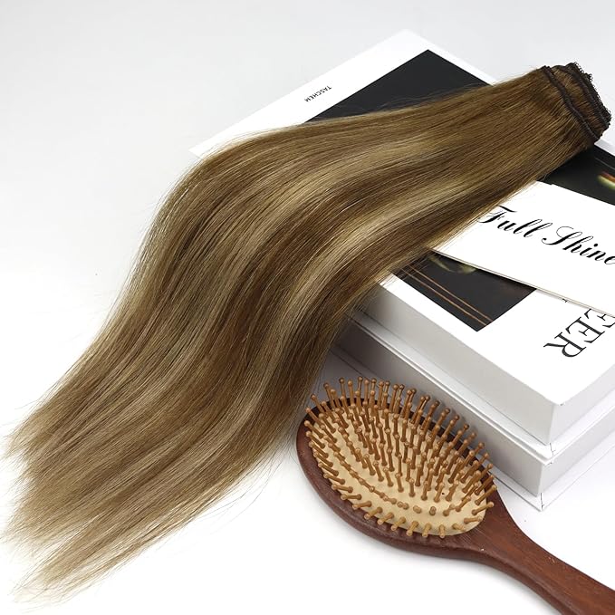 Full Shine Clip in Extensions for Women Human Hair Medium Brown Fading to Blonde and Brown Highlighted Seamless Hair Extensions Clip in Softness 18 Inch 3 PCS 60 G