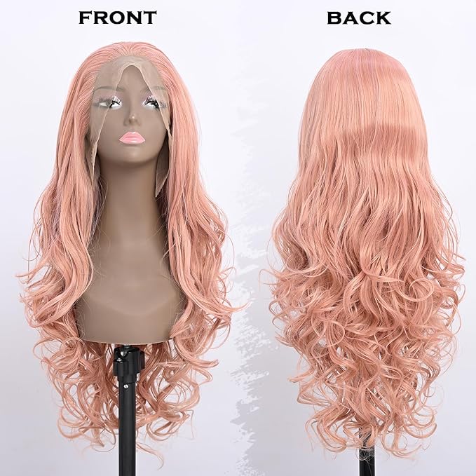 Long Rose Golden Synthetic Lace Front Wig Heat Resistant Body Wave Lace Front Wavy Wigs Free Part Natural Hair Wig for Women 24 Inch Fashion Glueless (24 Inch)