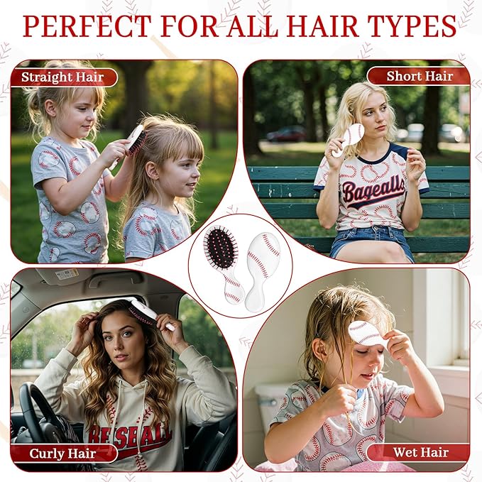 16Pcs Baseball Mini Detangler Brushes Sports Theme Mini Travel Hair Brush Soft Flexible Bristles Plastic Brush for Baseball Team Gift Sport Party Favors
