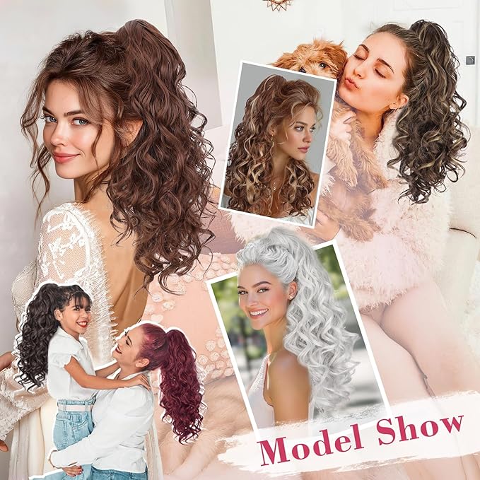 QGZ 20" Wavy Ponytail Extension, Claw Clip Ponytail Hair Extension, Natural Synthetic Hairpiece for Women Daily Use(Light Brown Mixed Blonde)