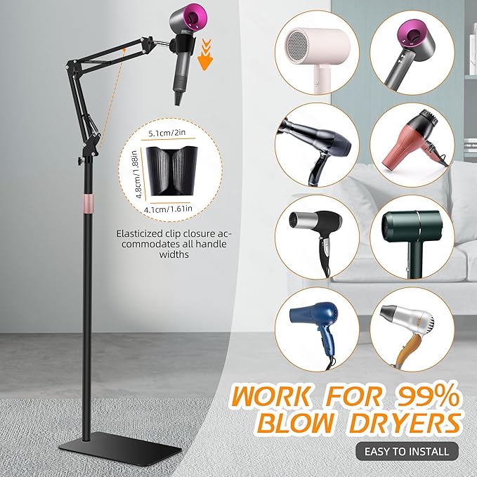 Hair Dryer Stand, 1.68M Height Adjustable, Hands Free Blow Dryer Holder with Heavy Base, 360 Degree Rotating, Work with 99% Dryers, Gift for Mom, Elder, Frozen Shoulder - Black