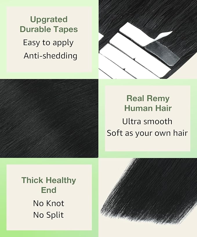 SURNEL Tape in Hair Extensions Straight Remy Tape in Hair Extensions Human Hair Color 1 Jet Black 18 inch 20pcs 50g(#1-18)