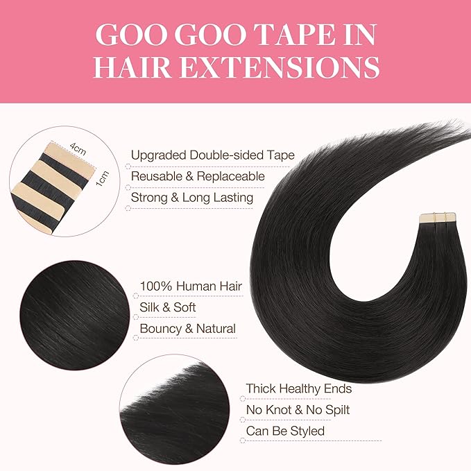 GOO GOO Tape in Hair Extensions Human Hair, 1B Natural black, 12inch 80g 40pcs, Skin Weft Seamless Invisible, Silky Straight with Thick Ends, Remy Human Hair