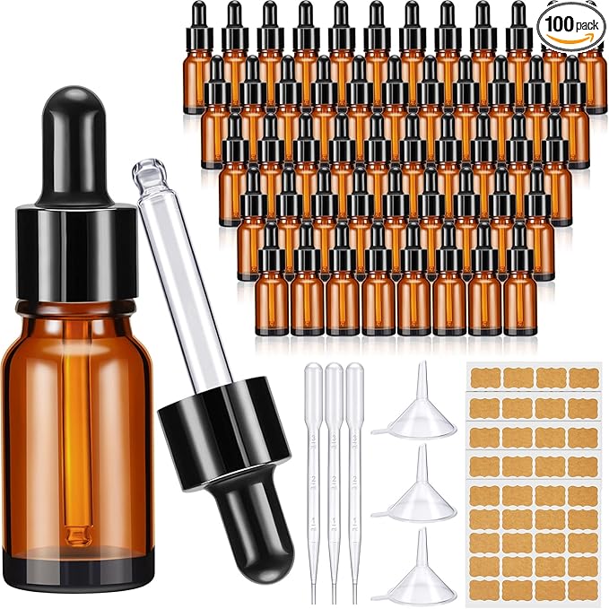 Lallisa 100 Pack Essential Oil Dropper Bottle 10 ml (1/3 Oz) Glass Dropper Bottles DIY for Diy essential Oil Perfume with 5 Funnels 5 Pipettes 3ml 100 Labels for Bathrooms, Hotels, Labs (Amber)