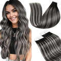 LaaVoo Tape in Hair Extensions Ombre Human Hair Tape in Extensions Balayage Off Black to Silver Grey Invisible Tape in Hair Extensions Human Hair Double Sided Skin Weft 20pcs 14 Inch 50g