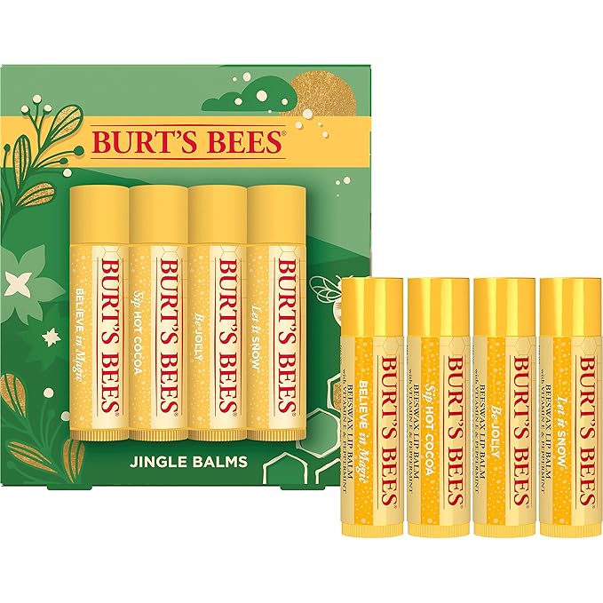 Burt's Bees Christmas Gifts, 4 Lip Balm Stocking Stuffers Products, Jingle Balms Set - Classic Beeswax Moisturizing Lip Balm