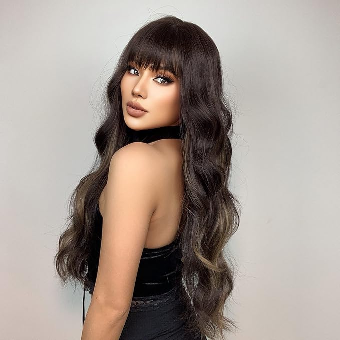 EMMOR Ombre Brown Wigs for Women Long Curly Wigs with Bangs Wave Heat Resistant Synthetic Wigs Soft Natural Looking