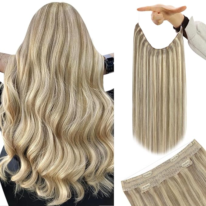 YoungSee Wire Hair Extensions Highlights Human Hair Wire Extensions Light Brown with Blonde Fish Line Hair Extensions for Woman 20inch 100g