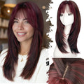 Wig with Bangs for Women Wine Red Brown Mix Straight Face-Framing Layers Hairstyle 4x4 Realistic Scalp Glueless Synthetic Wigs Medium Length for Everyday Use