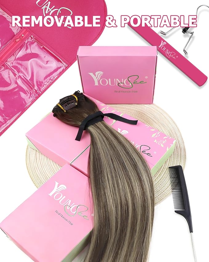 YoungSee Clip in Human Hair Extensions Brown Balayage Hair Extensions Clip ins Chocolate Brown with Ash Blonde Balayage Clip on Hair Extensions Human Hair Easy to Install 120G 7Pcs 20In