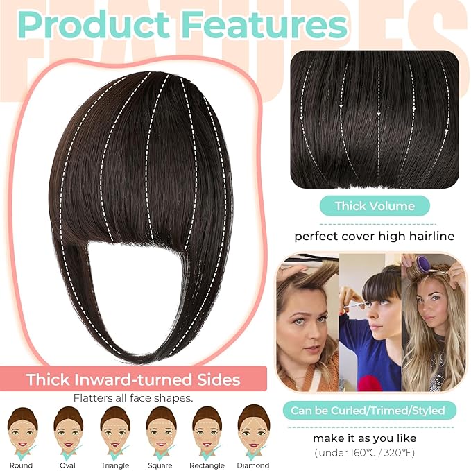 Clip in Bangs, Synthetic French Bangs Hair Clip, Fake Bangs Fringe with Temples Hairpieces for Women Natural Curved Hair Extensions for Daily Wear Black Brown