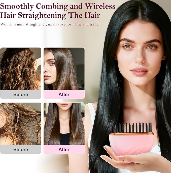 Mini Hair Straightener Brush, Rechargeable Portable Hair Straightener Brush, 3-Speed Temperature Control All Hair Types, Anti Scald Shell, Fast Heating Hot Comb, Idea for Travel Gift Hair Straightener