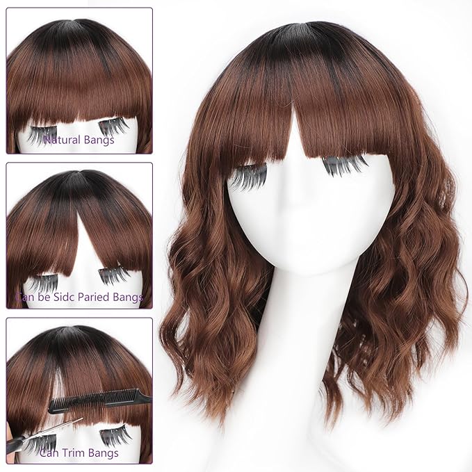 AISI HAIR Synthetic Wavy Curly Bob Wig with Bangs Ombre Reddish Brown Short Hair Wigs for Women Synthetic Heat Resistant Bob Wigs