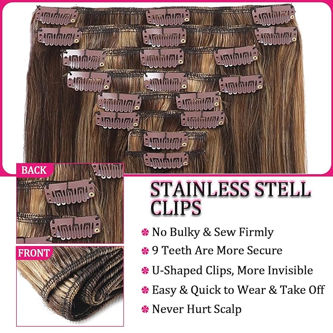 Kinky Straight Human Hair Clip Ins 120g 8pcs 22inch,Soft & Natural Straight Double Weft for Women #P427 Chocolate Brown to Honey Blonde Hair Extensions Real Human Hair Clip Ins