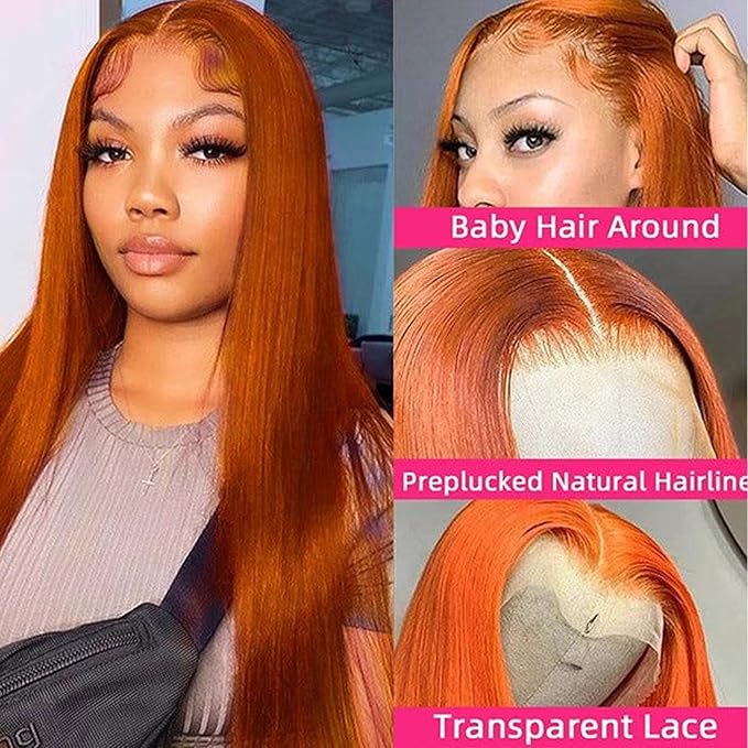 Ginger Wig Human Hair 13x4 Straight Ginger Orange Lace Front Wigs Human Hair HD Transparent Lace Frontal 350 Colored Wig Pre Plucked 180% Density 22inch