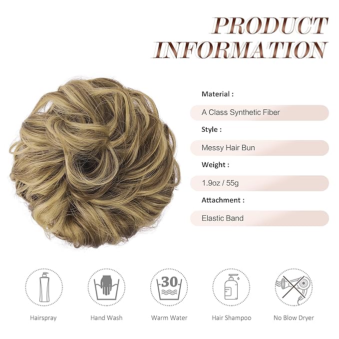 FESHFEN Messy Bun Hair Piece - Large Elastic Wavy Curly Hair Bun Scrunchies Ponytail Extensions Synthetic Chignon Hairpieces for Women, Ash Brown & Blonde 1.94oz