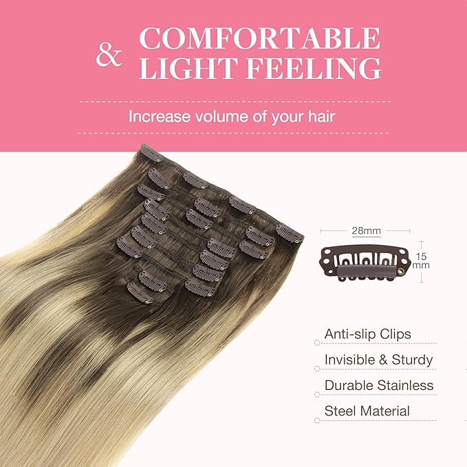 GOO GOO Clip in Hair Extensions Real Human Hair, Remy Human Hair Extensions Clip ins for Women, Natural Human Hair, 18inch 150g 9Pcs, 4/18 Balayage Chocolate Brown Highlighted Dirty Blonde