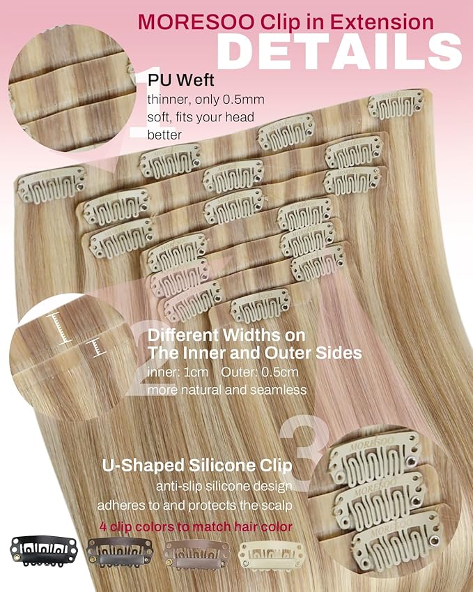 Moresoo Seamless Human Hair Clip in Extensions Blonde Highlights Real Human Hair Extensions Clip ins Remy Dark Honey Blonde with Medium Blond Invisible Pu Skin 120g/7pcs 22 inch