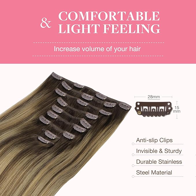GOO GOO Clip in Hair Extensions Real Human Hair, Remy Human Hair Extensions Clip ins for Women, Natural Human Hair, 16inch 150g 9Pcs, 4/27/4 Balayage Chocolate Brown to Caramel Blonde