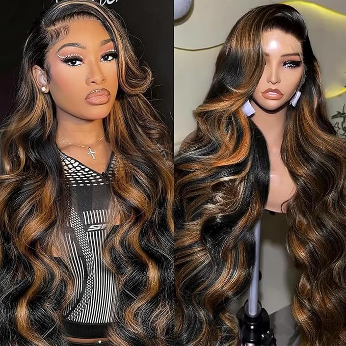 AMIRTY 32 Inch 9x6 Glueless Wigs Human Hair Pre Plucked pre cut Ombre Lace Front Wig Human Hair Wear and Go Glueless Wig 180% Density 1B/30 Highlight Body Wave Wig HD Colored Wigs