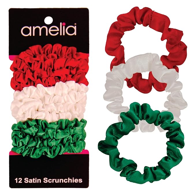Amelia Beauty, Red, White and Blue Mix Satin Small Scrunchies, 12-Pack – No Damage Hair Ties for Women, Gentle & Durable Hair Accessories, 2.5in x 0.5in