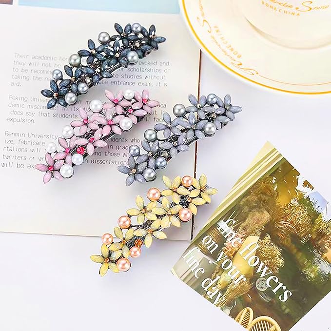 Hair Clips, 4PCS Rhinestone Pearl Hair Barrettes for Women Girls, Sparkly Glitter Rhinestones Flowers Hairpin French Style Hairclips Vintage Hair Accessories