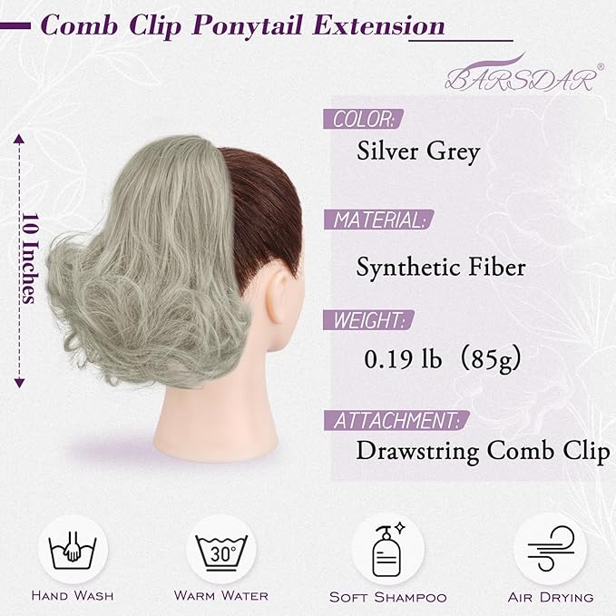 BARSDAR Short Gray Ponytail Extension - 10 Inch Loose Curly Wavy Drawstring Comb Clip Pony Tails Hairpieces for Women, Synthetic Clip in Ponytail Hair Extensions Daily - Silver Grey