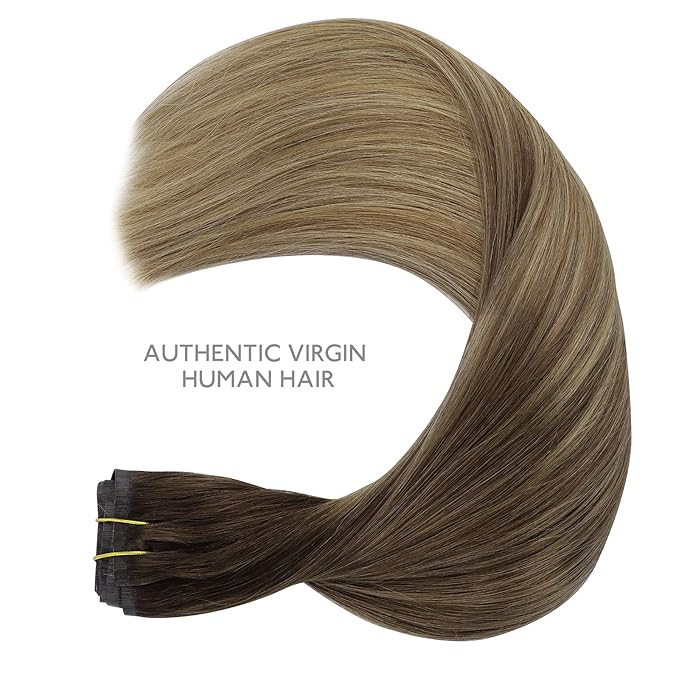WENNALIFE Seamless Clip In Hair Extensions, 22 Inch 7pcs 150g Ombre Walnut Brown to Ash Brown and Bleach Blonde, Invisible PU Weft Natural Real Human Hair Extensions