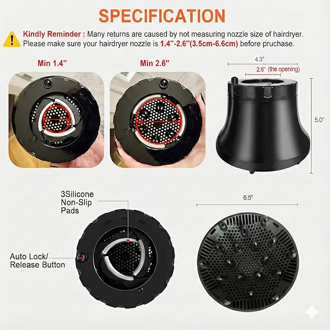 Hair Diffuser for 1.4"-2.6" Blow Dryers, Diffuser Hair Dryer Attachment, Professional Hair Diffuser for Curly Wavy Long Thick Hair