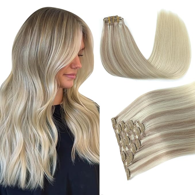 PINKPEARL Clip in Hair Extensions Straight Human Hair #18/22/60 Balayage Ash Blonde to Golden Blonde and Platinum Blonde 7pcs 120g 14 Inch Real Hair Clip in Extensions(#18/22/60-14)