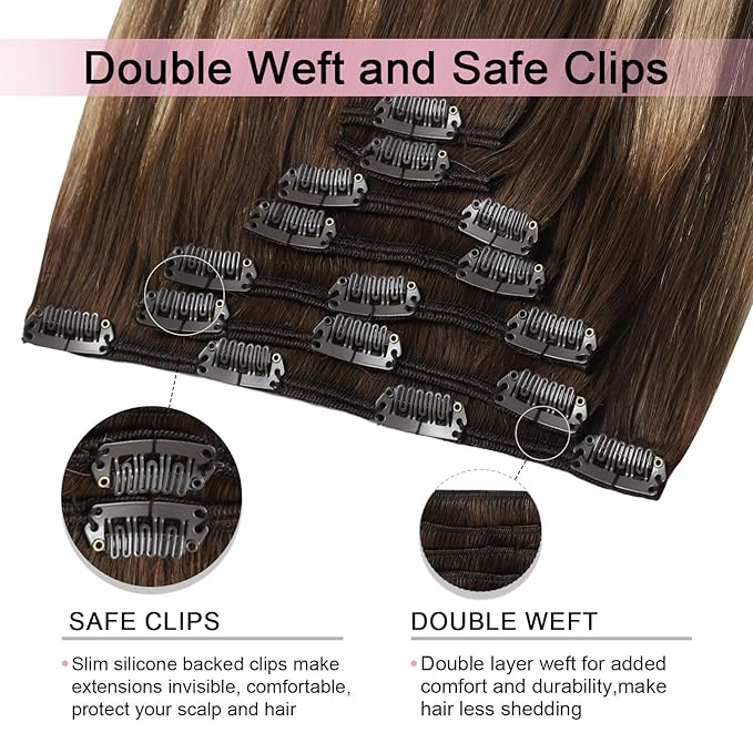 Pro2.0 Clip in Hair Extensions Real Human Hair 20inch 7pcs Color #4/27/4 Chocolate Brown to Caramel Blonde Remy Real Human Hair Extensions Clip ins 120g Thick Double Weft（#4/27/4-20inch）
