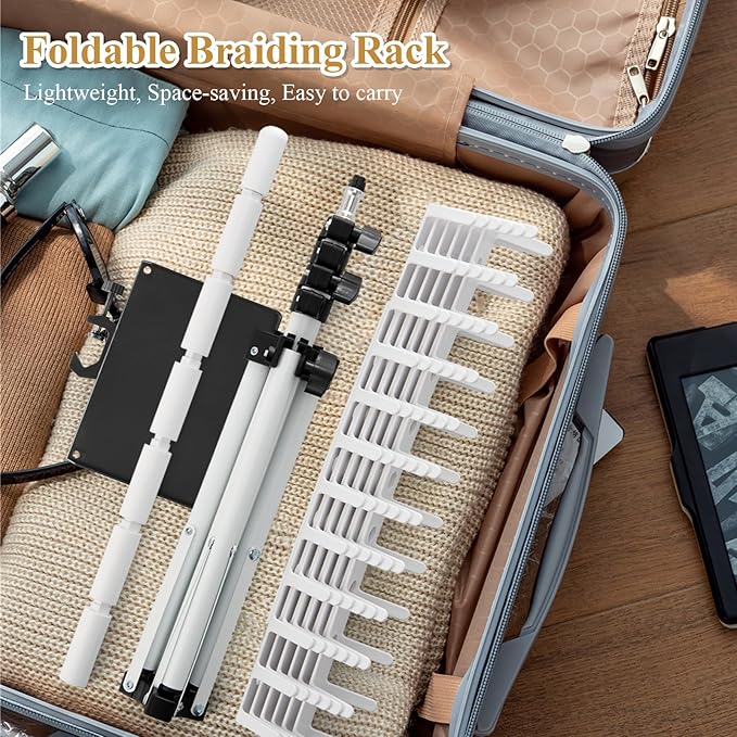 Braiding Rack with Tray, 144 Pegs Height Adjustable, 2-side Hair Extension Holder, Hair Stand with Stylist Hair Braiding Tools for Salon, Home, Travel (White)