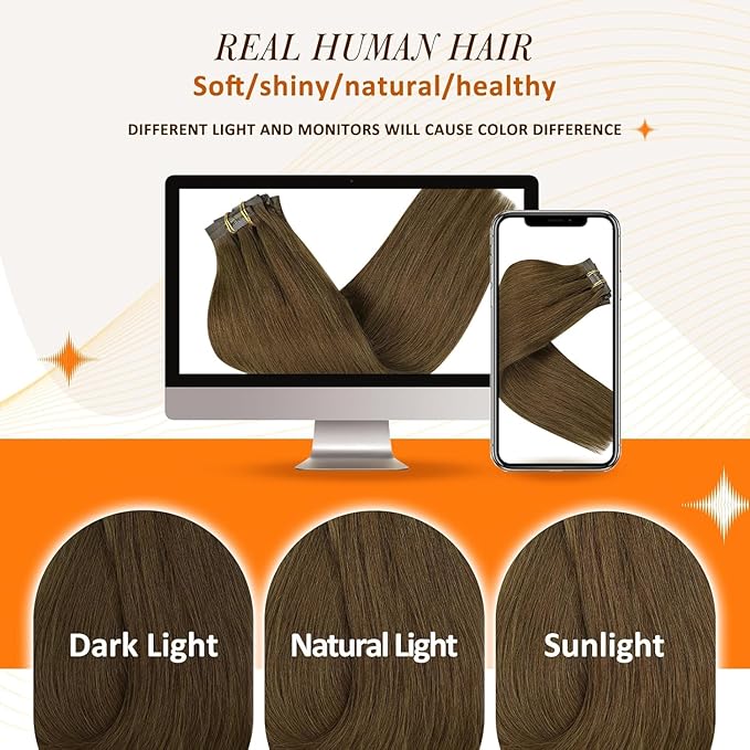 Full Shine Human Hair Clip in Extensions Brown Seamless Hair Extensions Clip ins PU Weft Medium Brown Human Hair Long Straight Hair 20 Inch 8 PCS 120 Grams