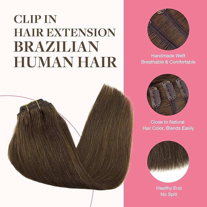 GOO GOO Clip in Hair Extensions Real Human Hair, Remy Human Hair Extensions Clip ins for Women, Natural Human Hair, 20inch 150g 9Pcs, 4A Chocolate Brown