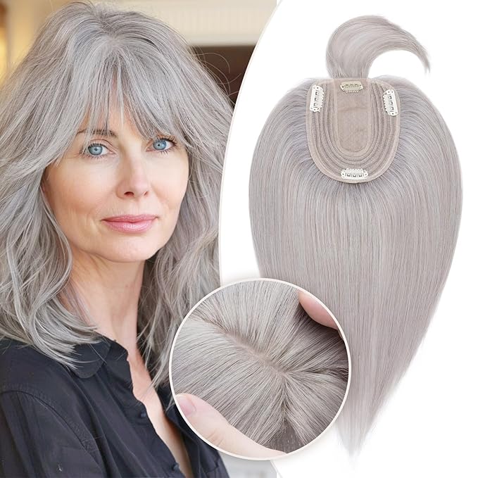 Rich Choices Real Human Hair Toppers for Women With Bang 100% Remy Human Hair Topper for Thinning Hair Clip in Silk Base Hair Topper 6 Inch GREY